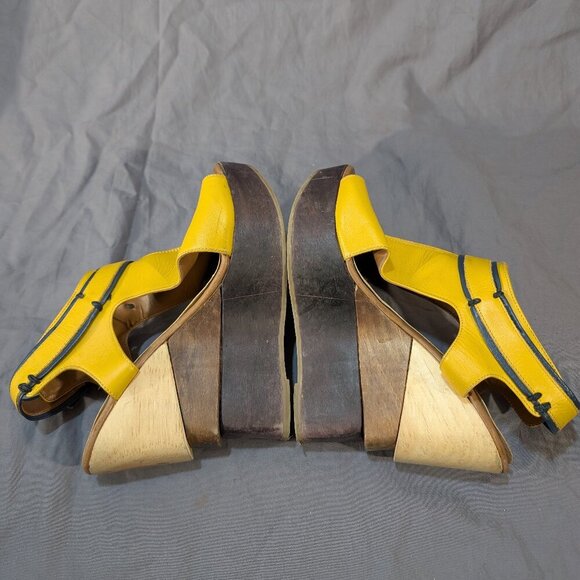 Michael Domit Yellow Leather Wood Platform Wedge Sandals - Picture 6 of 10